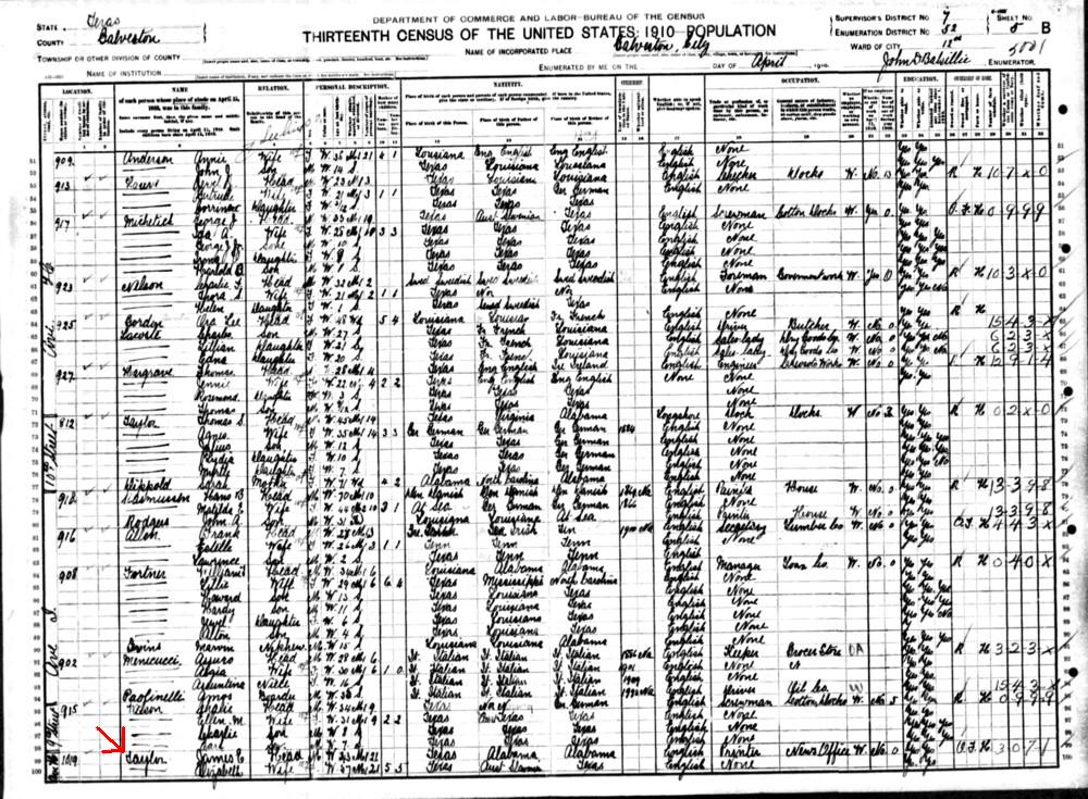 James Emory Taylor Galveston Texas 1910 page 1 Census