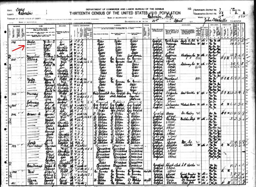 James Emory Taylor Galveston Texas 1910 page 2 Census